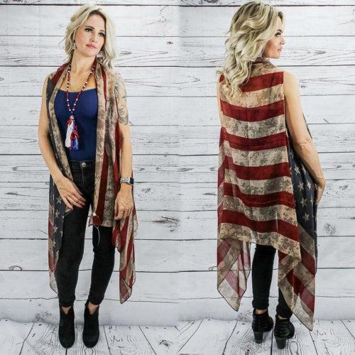 Vintage Flag Vest Cover Up Vest with Tassels (One Size)-Lola Monroe Boutique