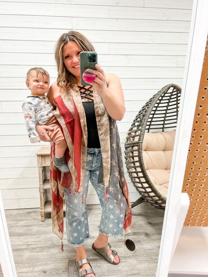 Vintage Flag Vest Cover Up Vest with Tassels (One Size)-Lola Monroe Boutique