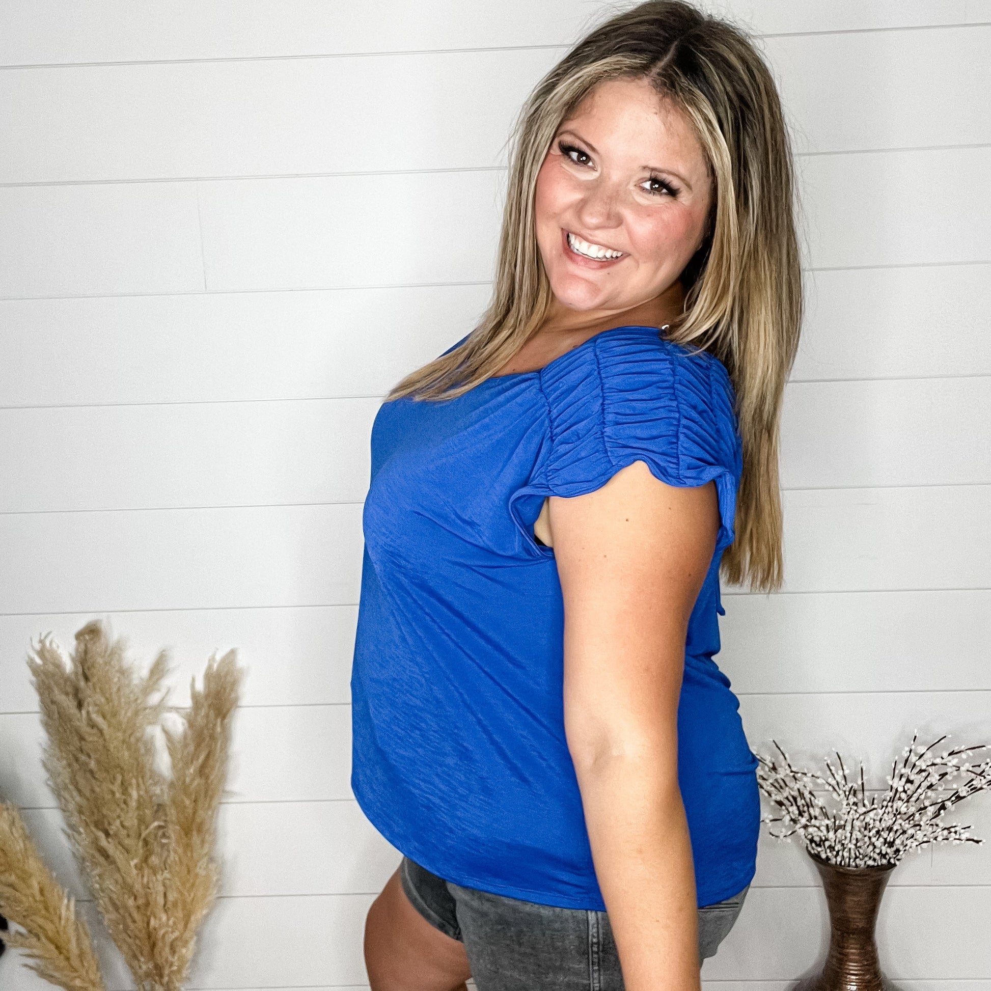 "Ward" Ruched Shoulder with Back Tie Detail Tank (Royal Blue)