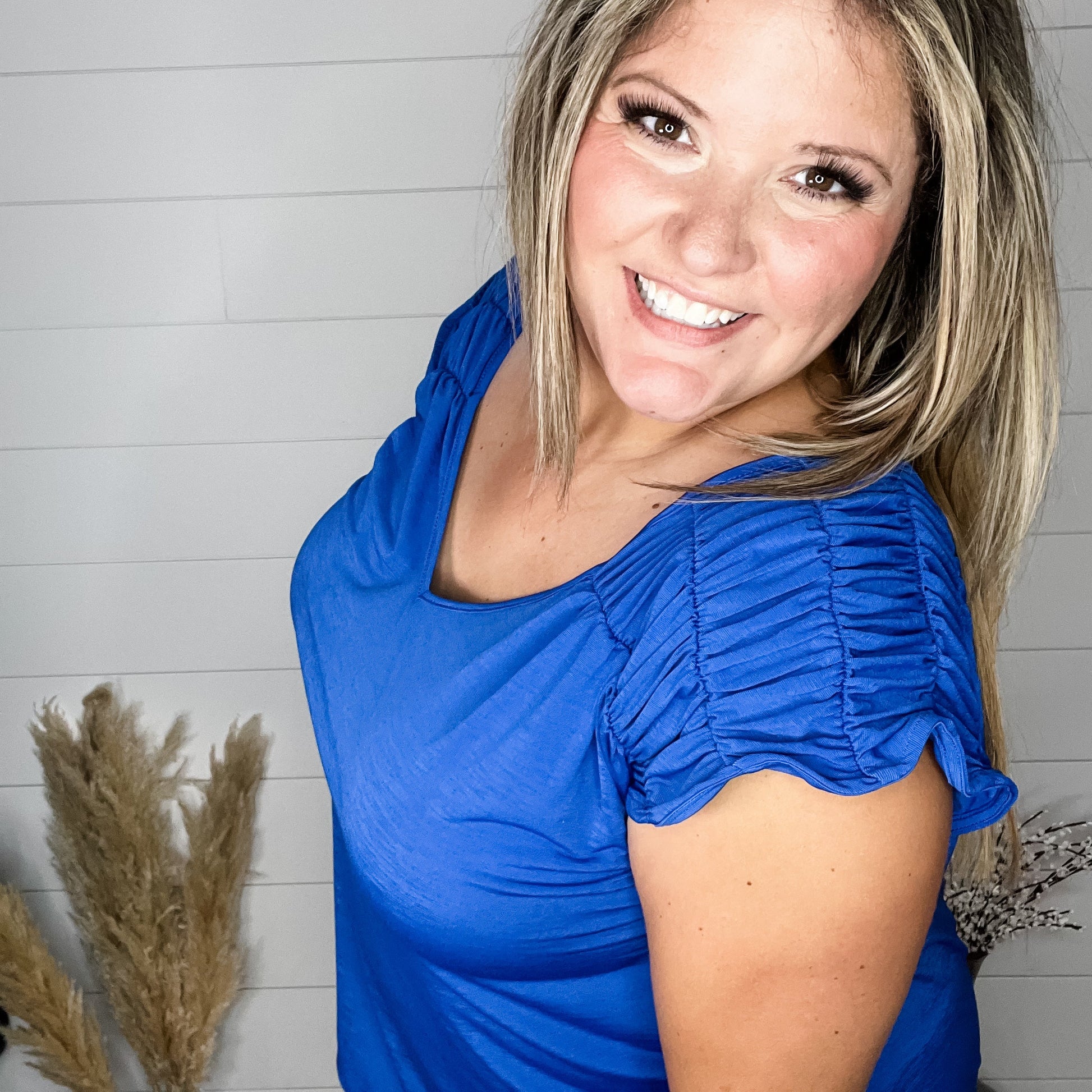 "Ward" Ruched Shoulder with Back Tie Detail Tank (Royal Blue)