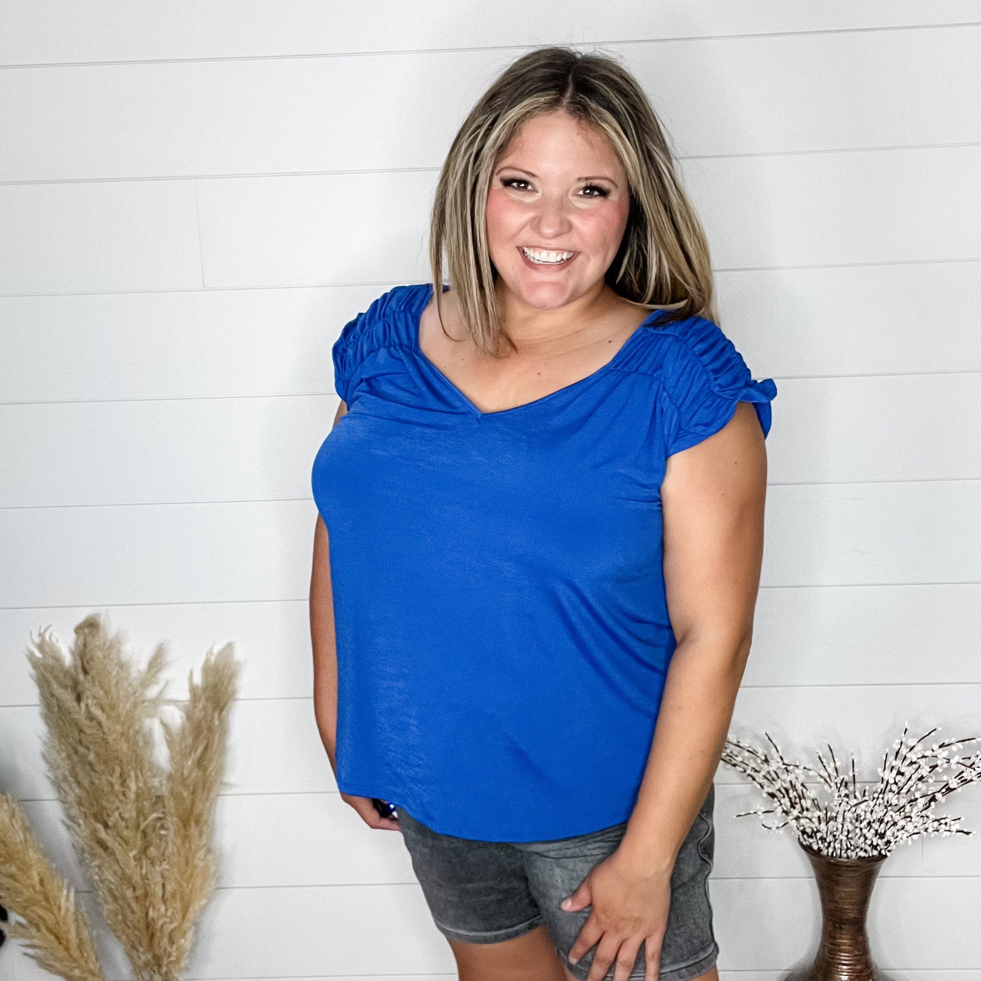 "Ward" Ruched Shoulder with Back Tie Detail Tank (Royal Blue)