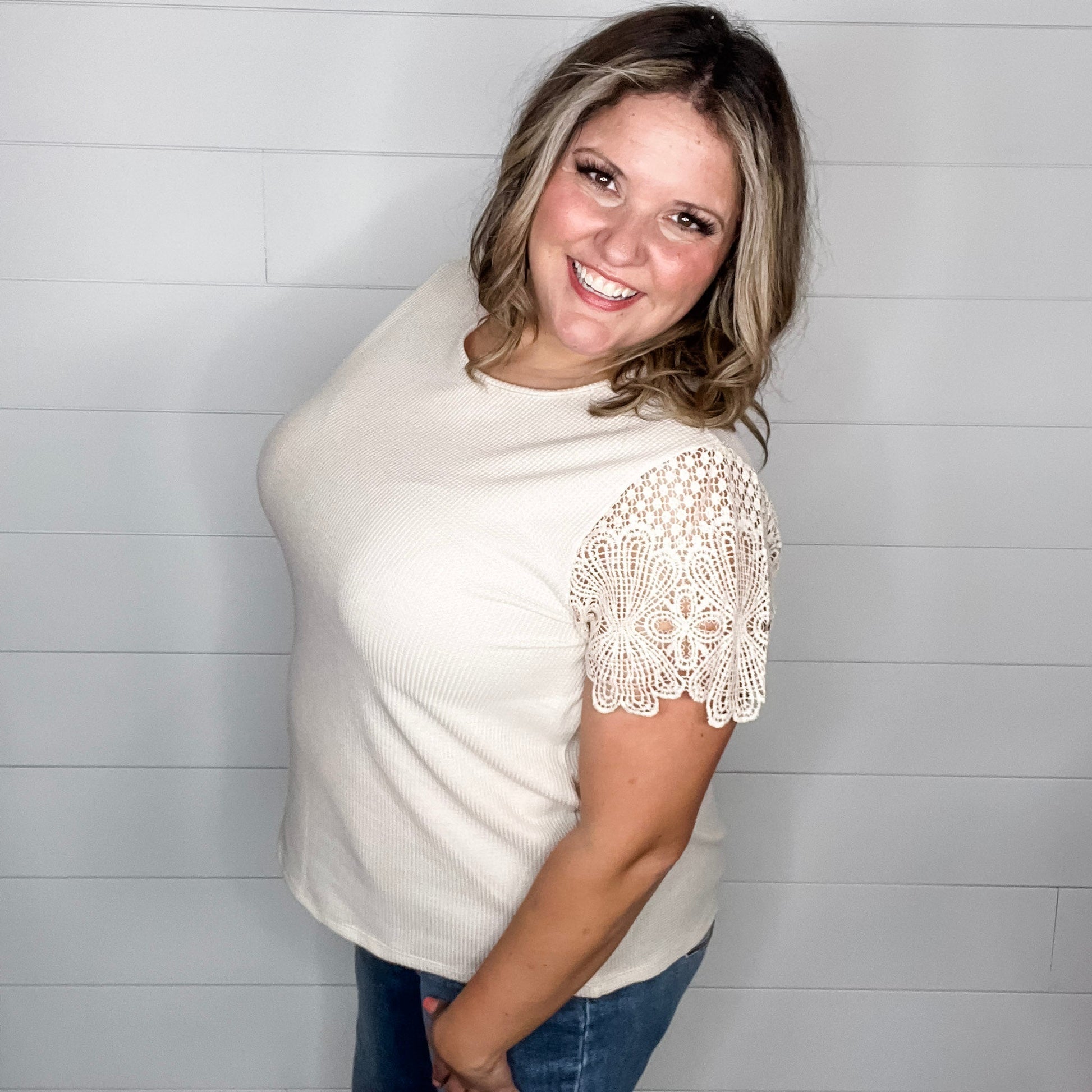 "Waylon" Waffle Body Crochet Short Sleeve Top