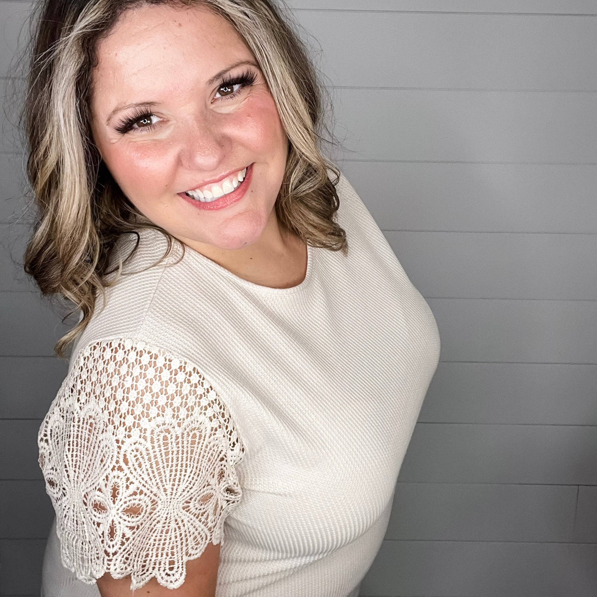 "Waylon" Waffle Body Crochet Short Sleeve Top