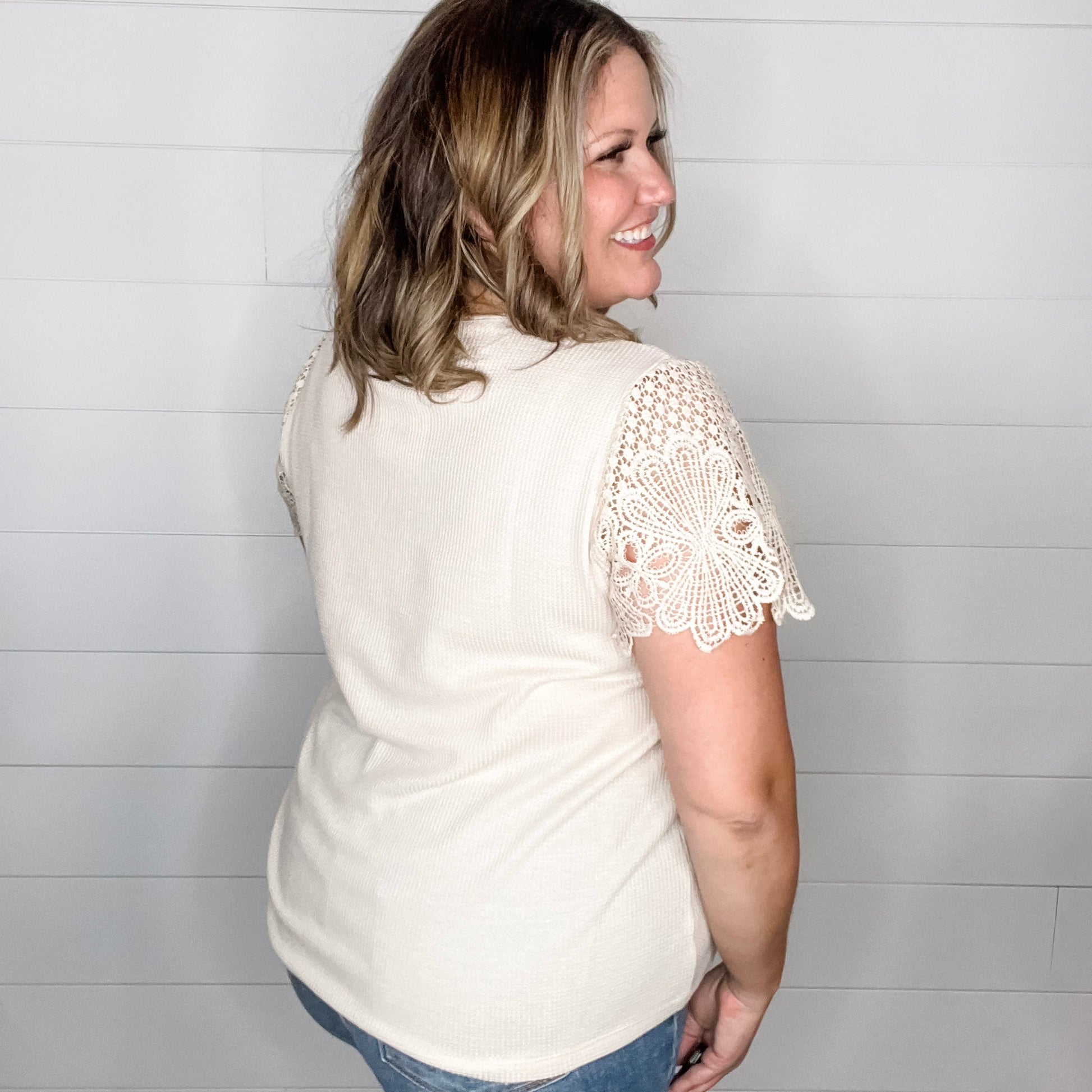 "Waylon" Waffle Body Crochet Short Sleeve Top