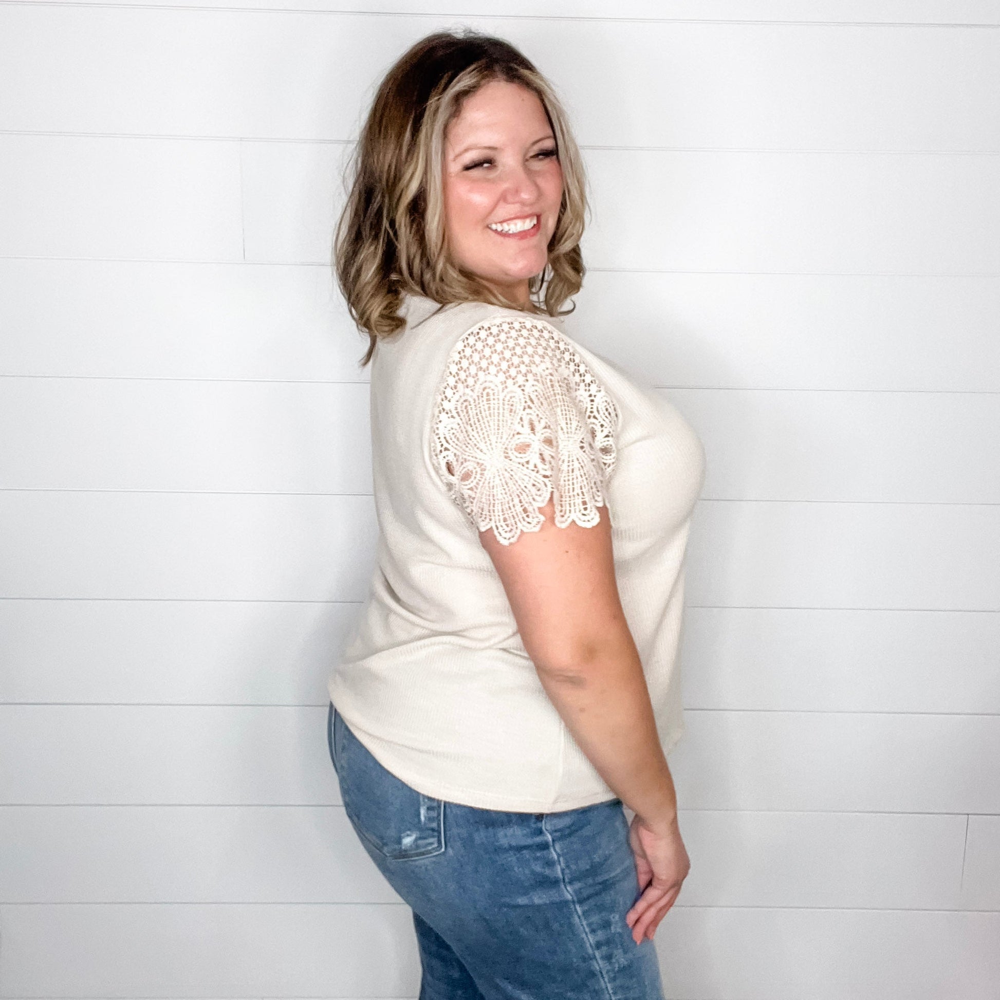 "Waylon" Waffle Body Crochet Short Sleeve Top