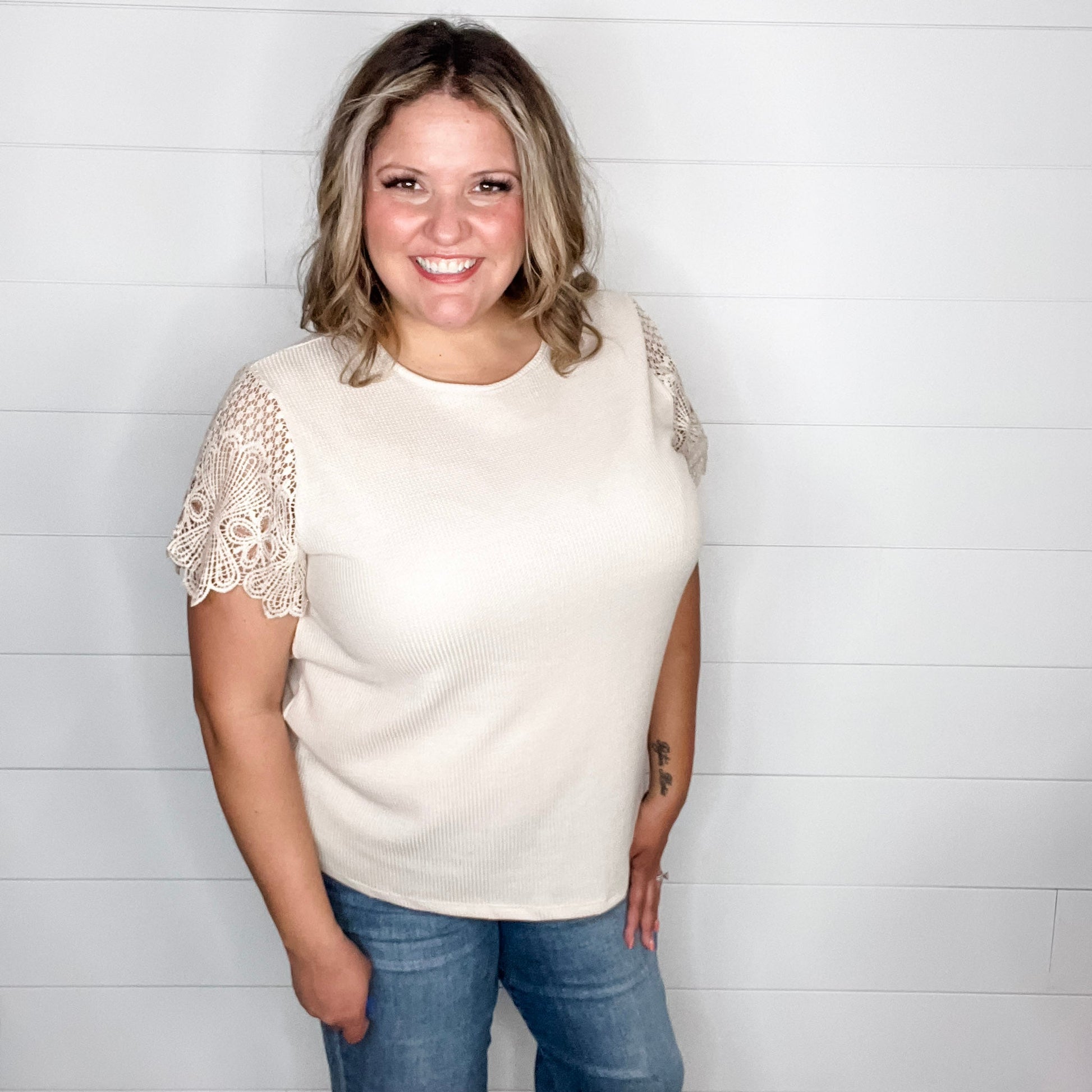 "Waylon" Waffle Body Crochet Short Sleeve Top