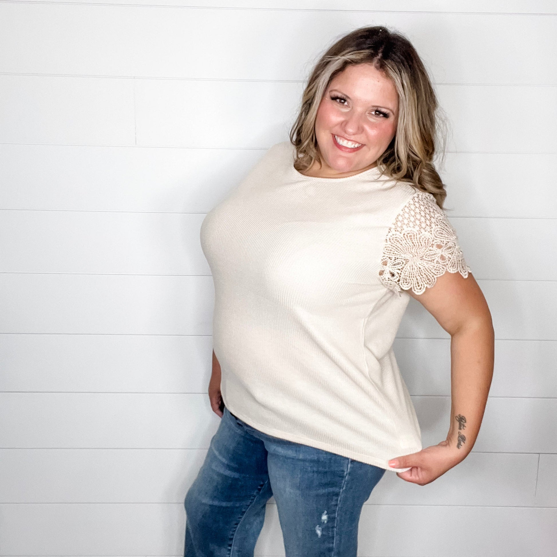 "Waylon" Waffle Body Crochet Short Sleeve Top