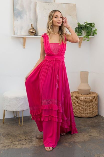 "Coastal" Ruffle & Crochet Accent Maxi Dress