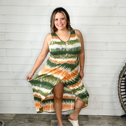 "Weekend Jaunt" V-Neck Sleeveless Tie Dye Maxi Dress