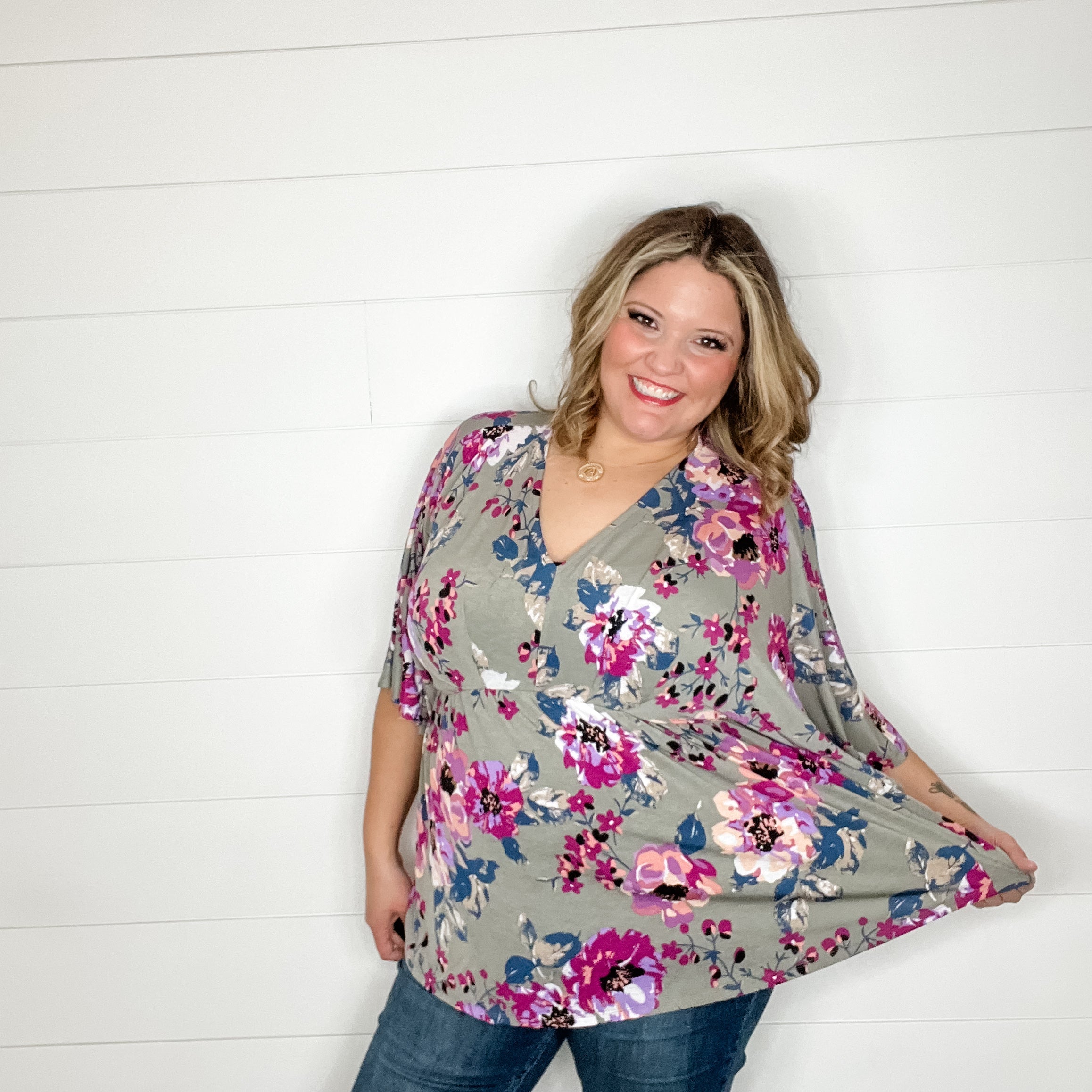 "Well Wishes" Floral V Neck 3/4 Bell Sleeve-Lola Monroe Boutique