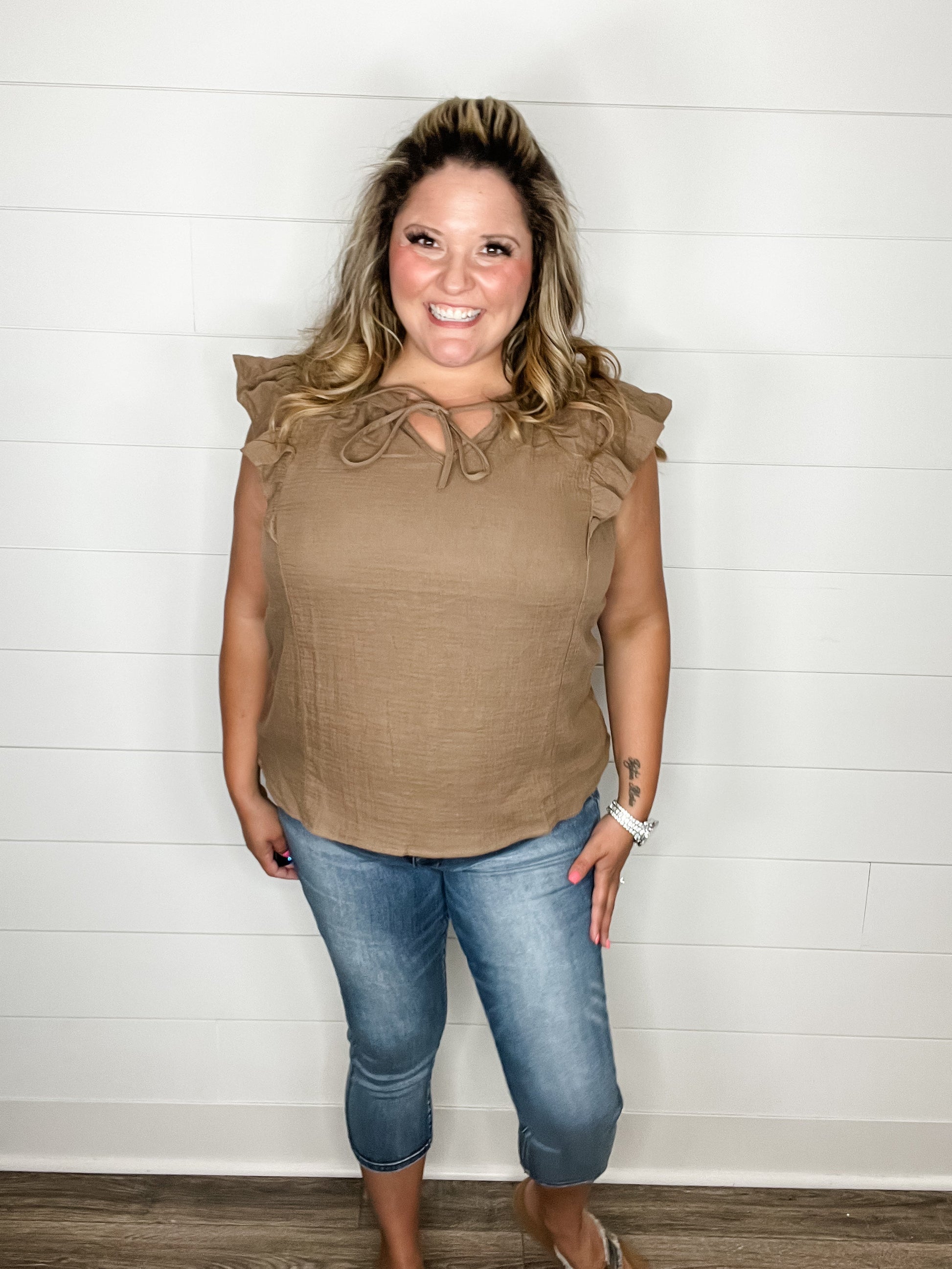 "Wheatland" Ruffle Cap V Neck with Tie Detail (Mocha)