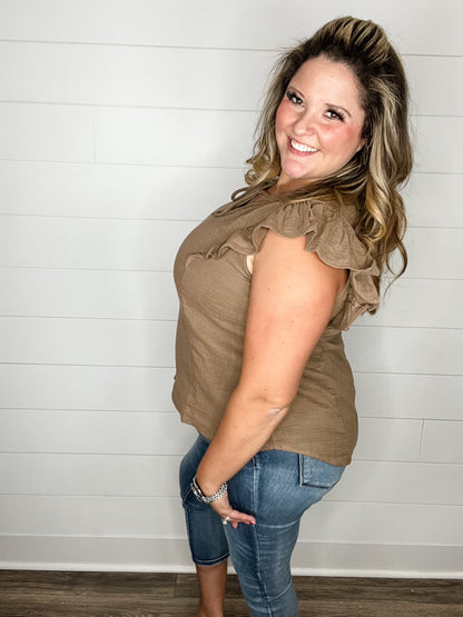 "Wheatland" Ruffle Cap V Neck with Tie Detail (Mocha)