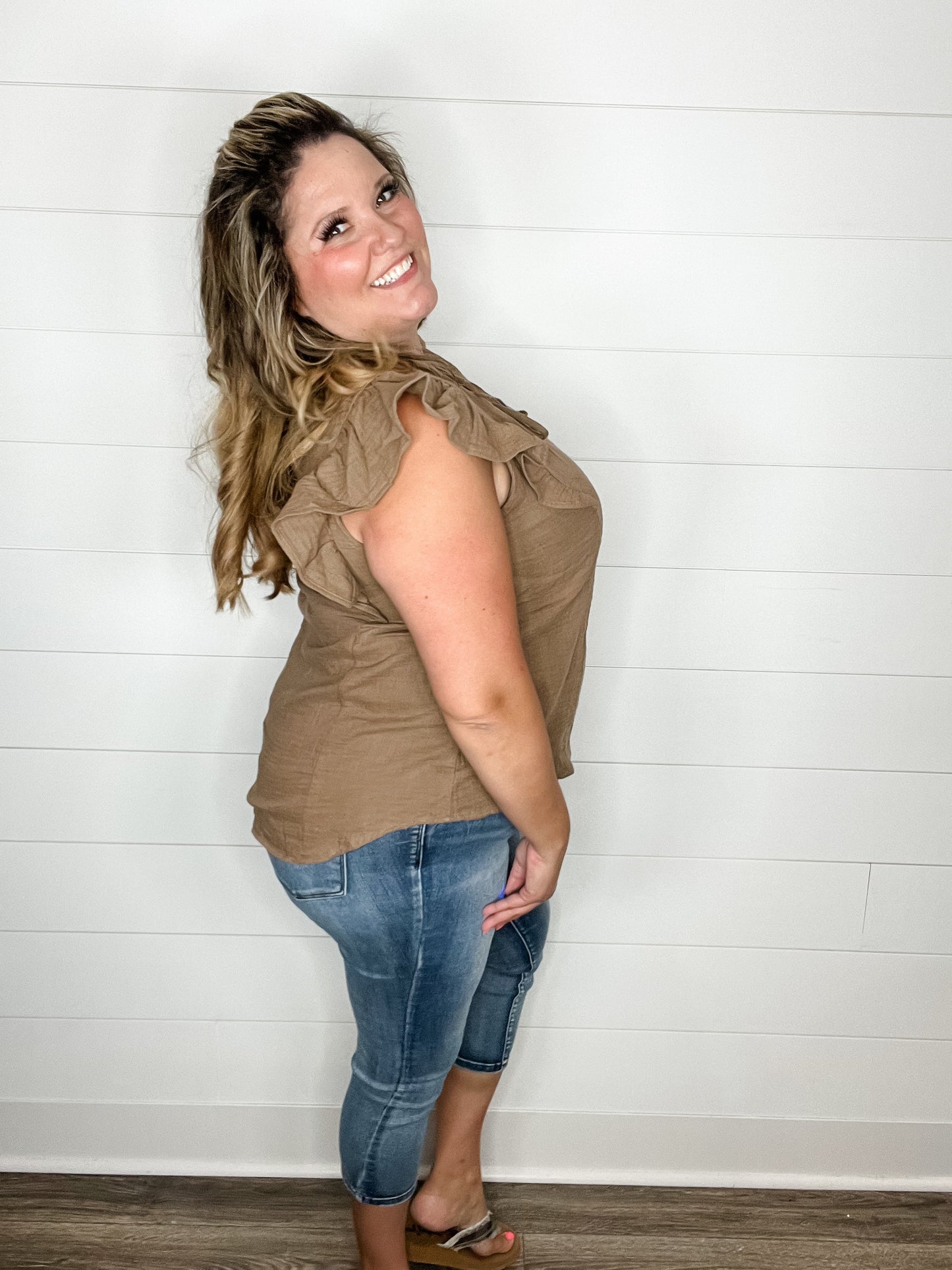 "Wheatland" Ruffle Cap V Neck with Tie Detail (Mocha)