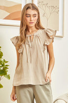 "Wheatland" Ruffle Cap V Neck with Tie Detail (Taupe)-Lola Monroe Boutique