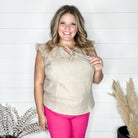 "Wheatland" Ruffle Cap V Neck with Tie Detail (Taupe)-Lola Monroe Boutique