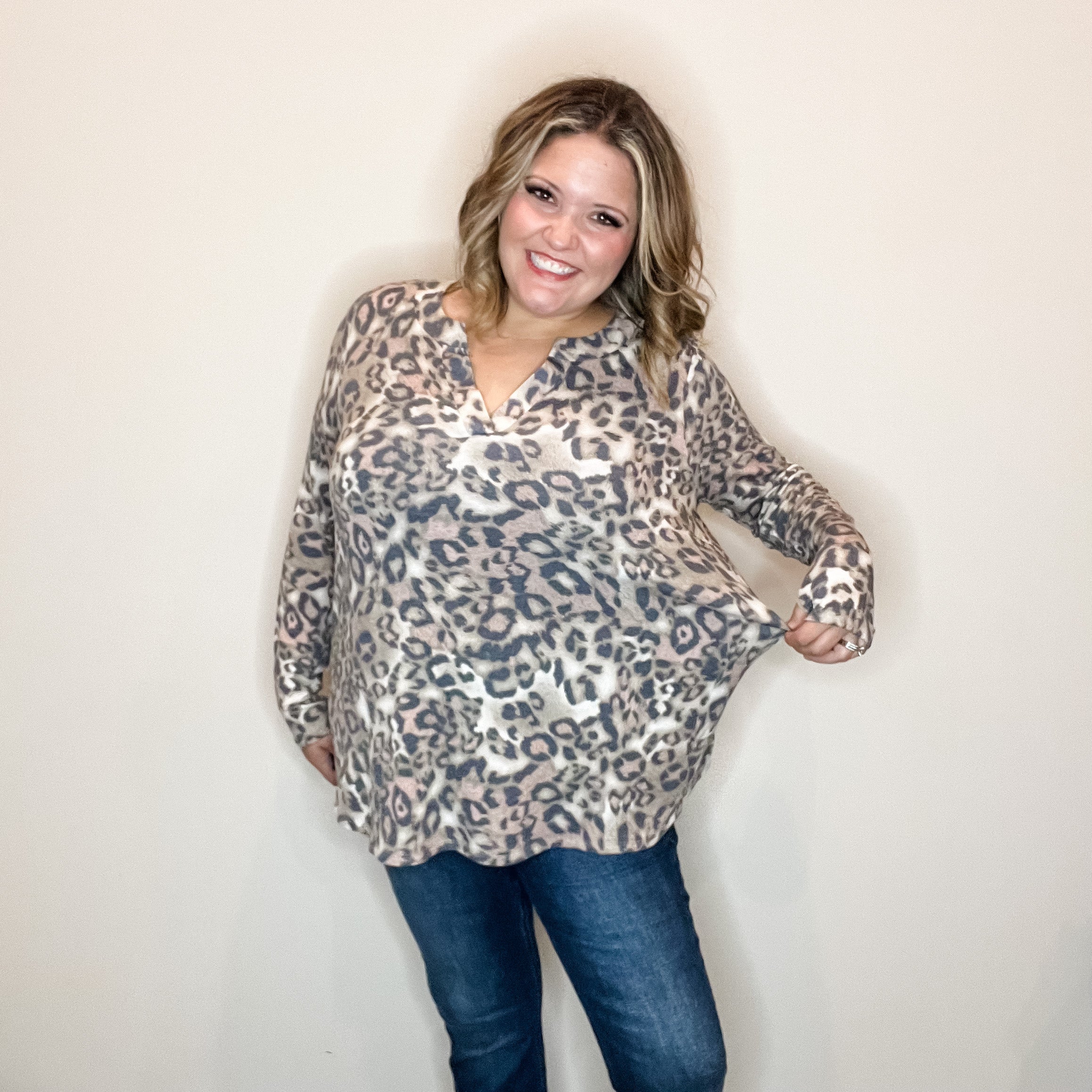 "Whiplash" Animal Print Long Sleeve Split Neck-Lola Monroe Boutique