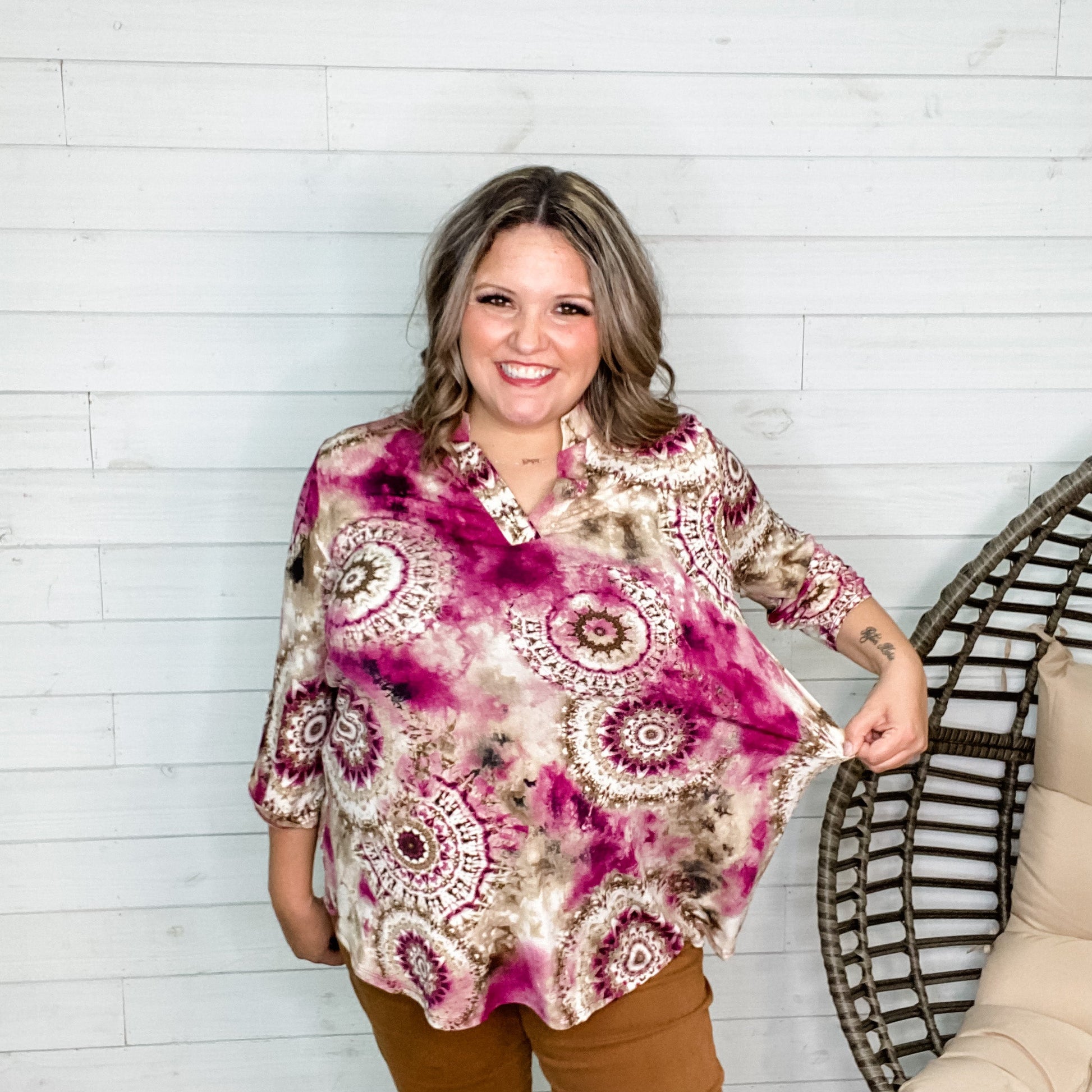"Whisper" Paisley Lizzy 3/4 Sleeve Split Neck