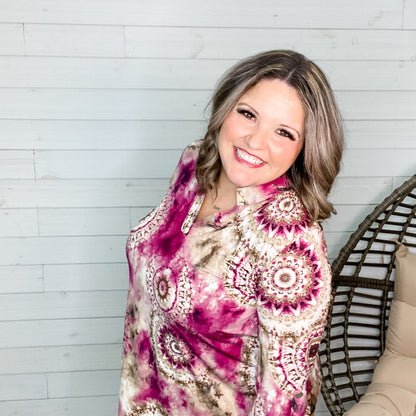 "Whisper" Paisley Lizzy 3/4 Sleeve Split Neck