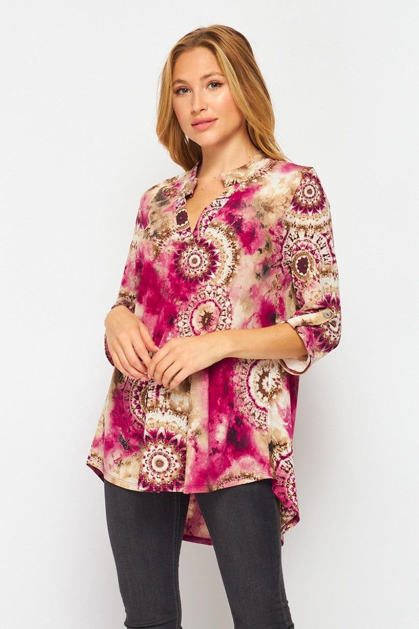 "Whisper" Paisley Lizzy 3/4 Sleeve Split Neck