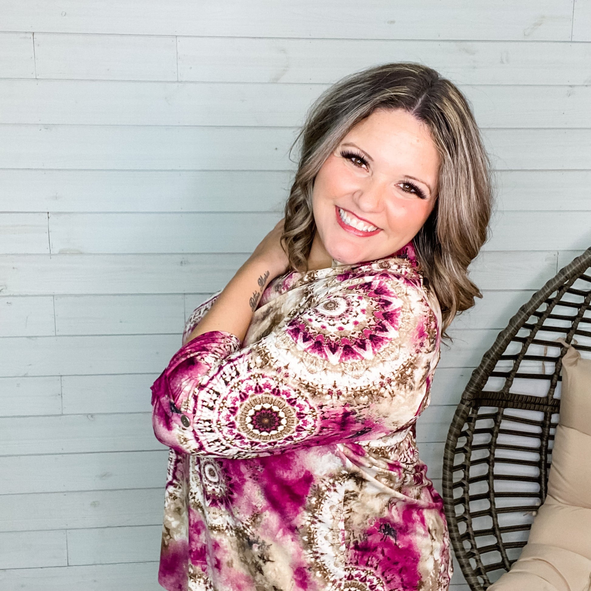 "Whisper" Paisley Lizzy 3/4 Sleeve Split Neck