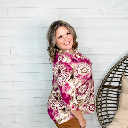 "Whisper" Paisley Lizzy 3/4 Sleeve Split Neck