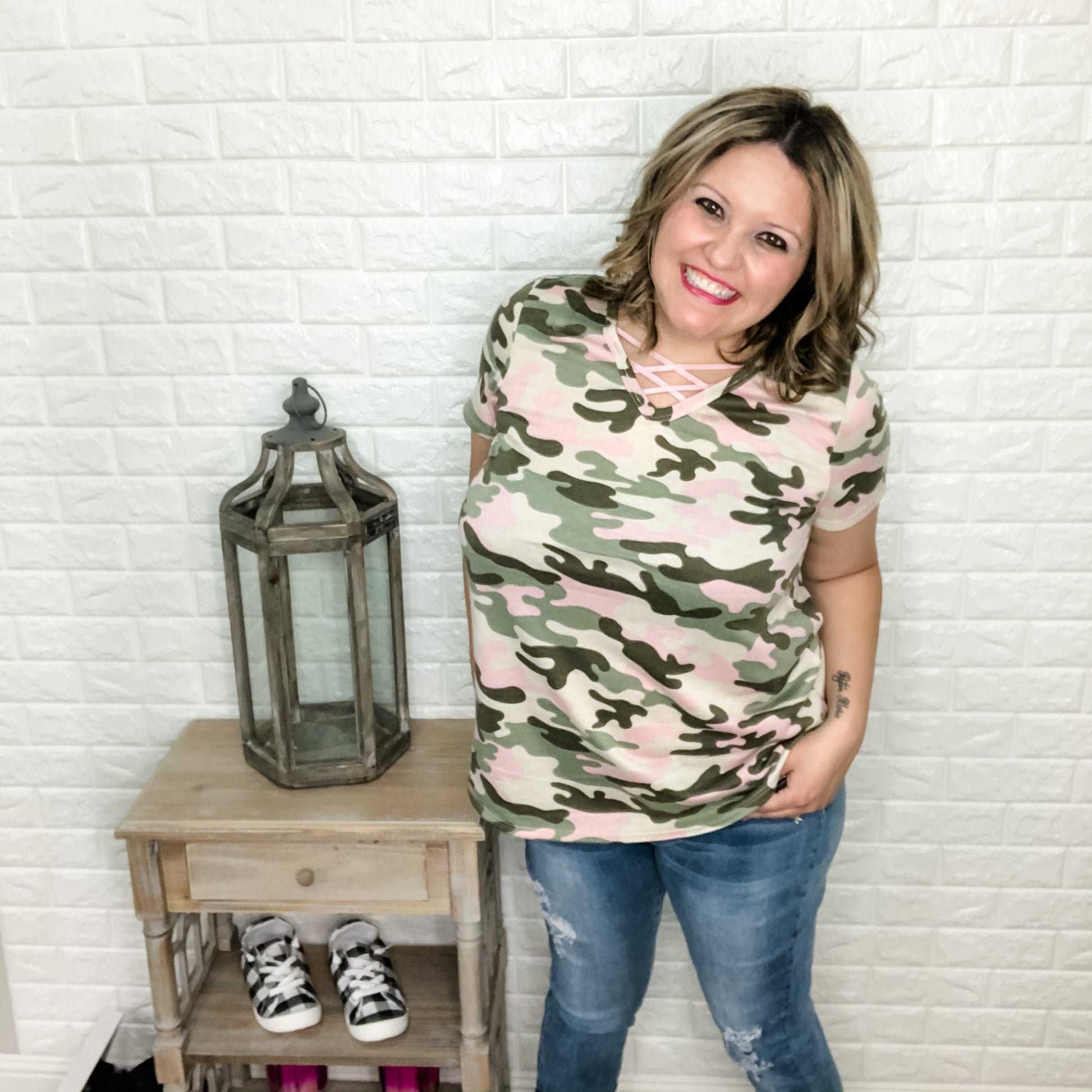 "Who Runs The World" Criss Cross Front Pink Camo Tee