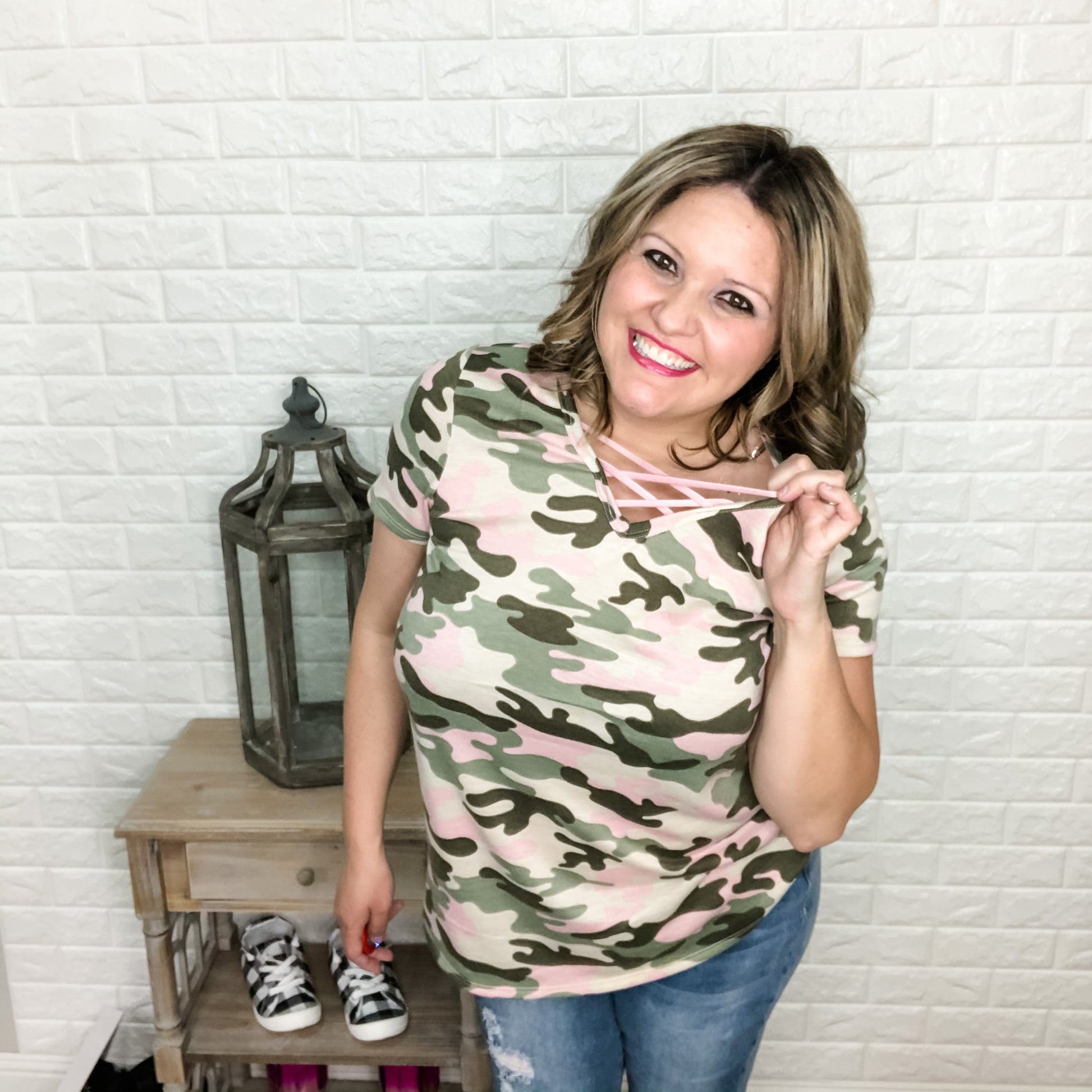 "Who Runs The World" Criss Cross Front Pink Camo Tee