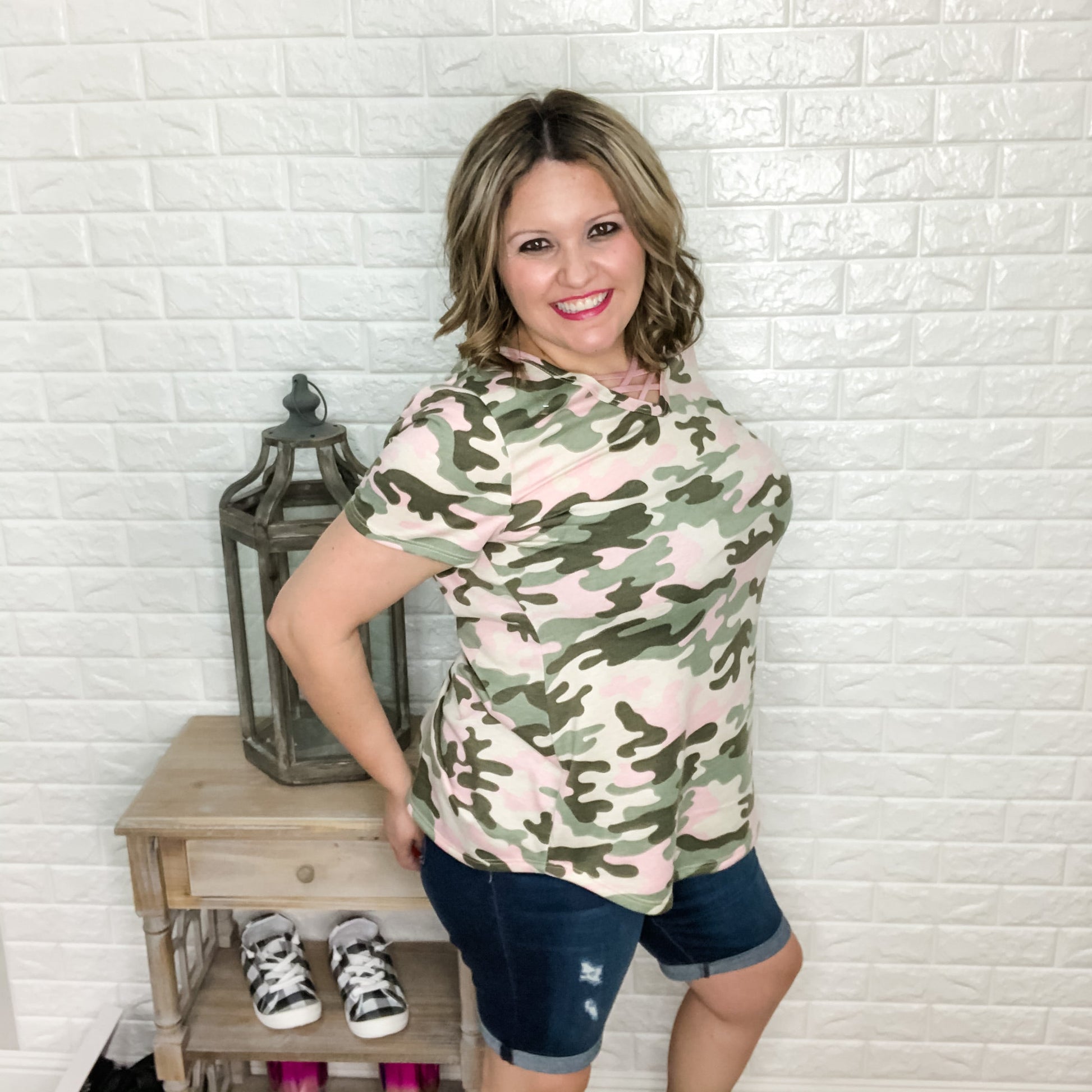 "Who Runs The World" Criss Cross Front Pink Camo Tee