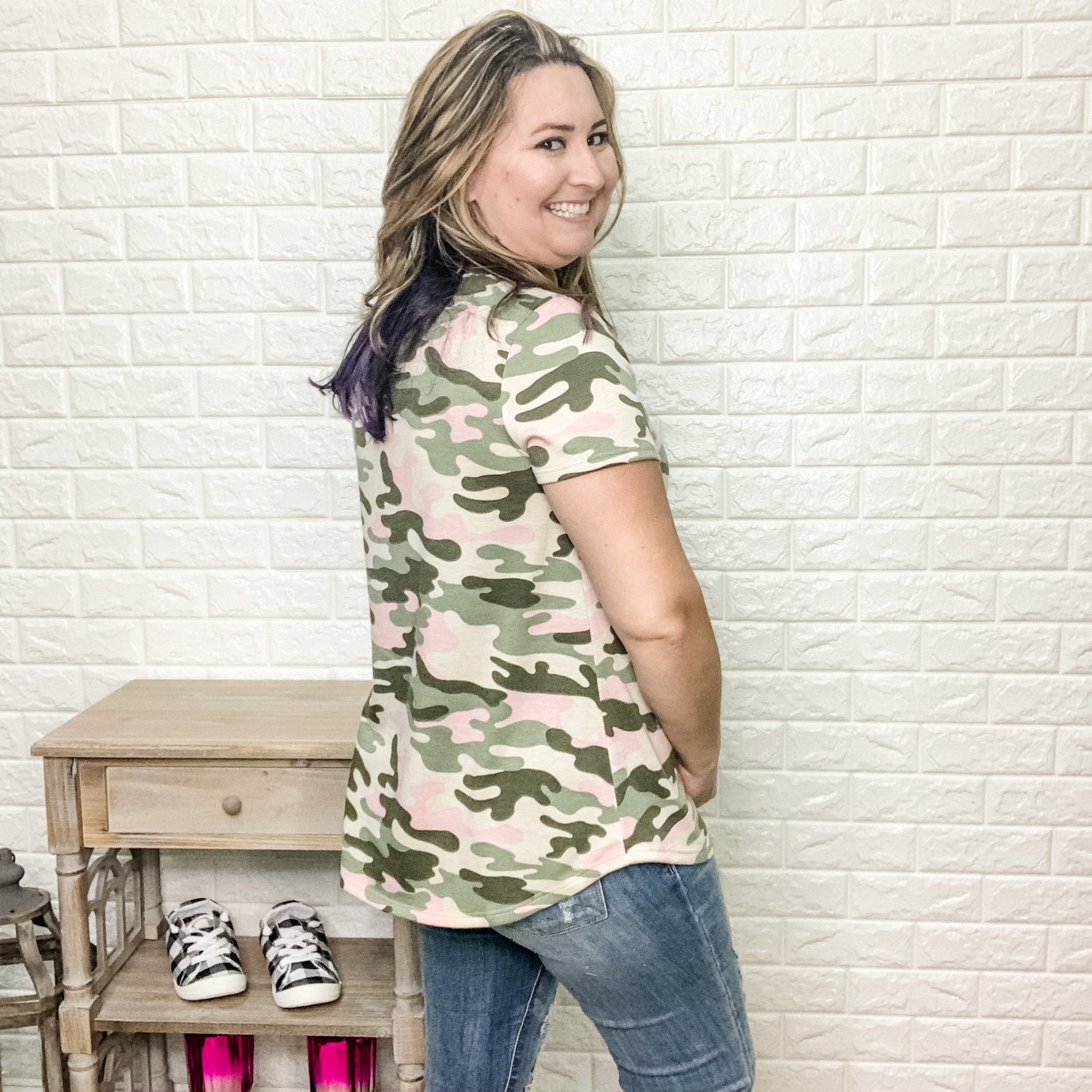 "Who Runs The World" Criss Cross Front Pink Camo Tee