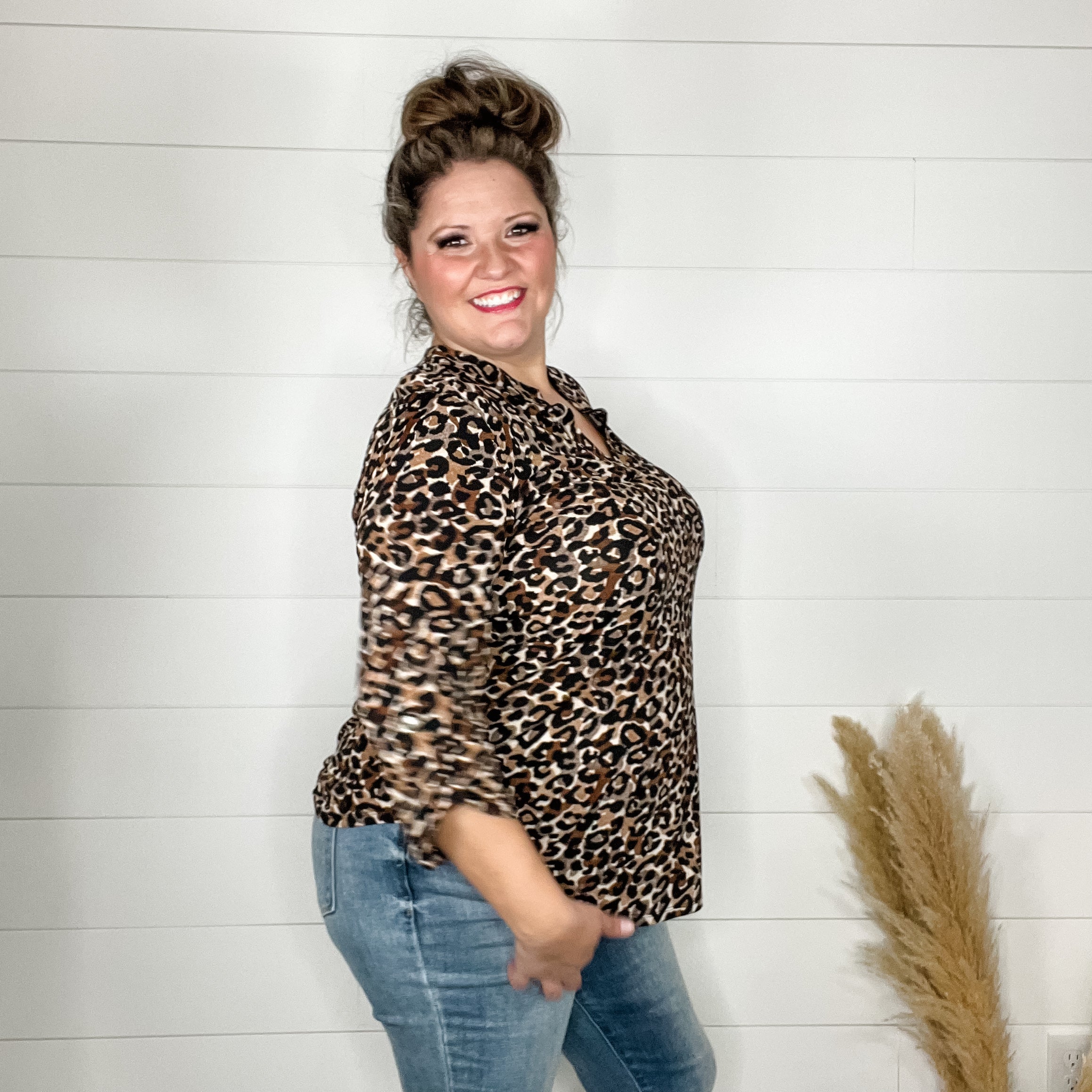 "Wind Blown" Animal Lizzy 3/4 Sleeve Split Neck-Lola Monroe Boutique