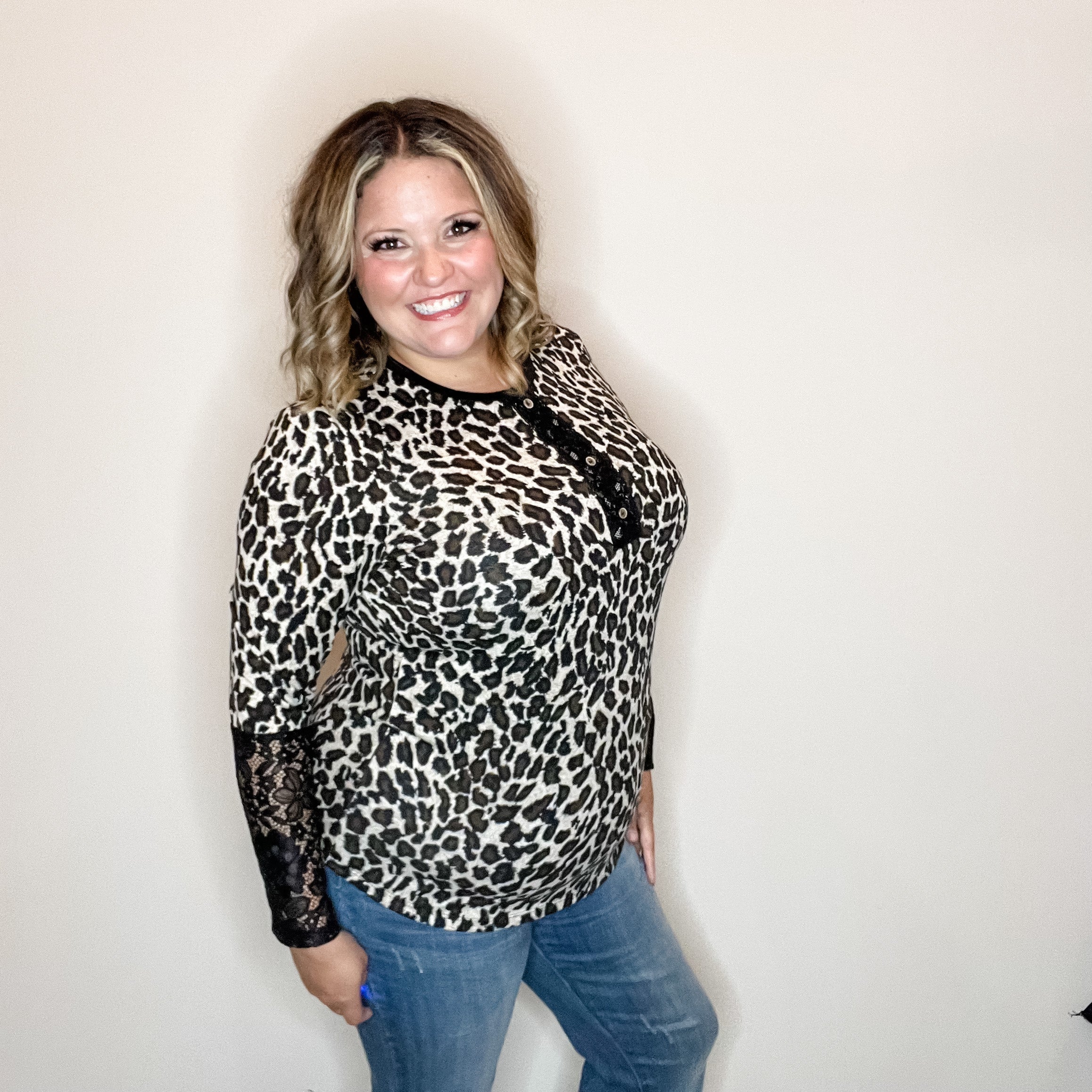 "Winfrey" Animal Print Long Sleeve with Lace Detail-Lola Monroe Boutique