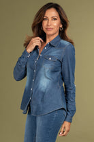 YMI/Royalty "Work It" Chambray 3/4 Sleeve Top-Lola Monroe Boutique