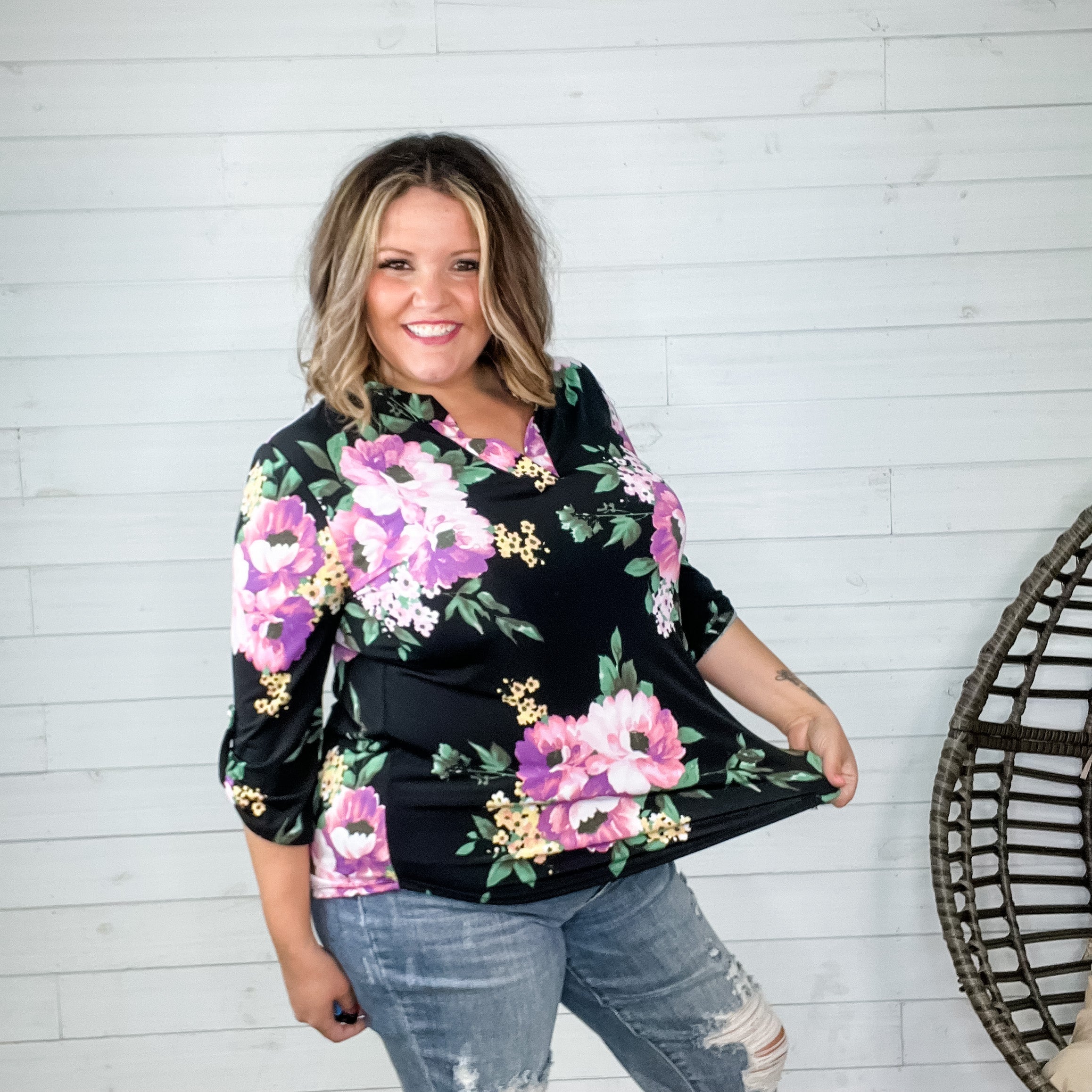 "Your Best Shot" Floral Lizzy 3/4 Sleeve Split Neck (Black)-Lola Monroe Boutique