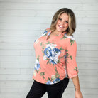 "Your Best Shot" Floral Lizzy 3/4 Sleeve Split Neck (Peach)-Lola Monroe Boutique