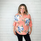 "Your Best Shot" Floral Lizzy 3/4 Sleeve Split Neck (Peach)-Lola Monroe Boutique