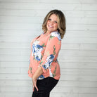 "Your Best Shot" Floral Lizzy 3/4 Sleeve Split Neck (Peach)-Lola Monroe Boutique