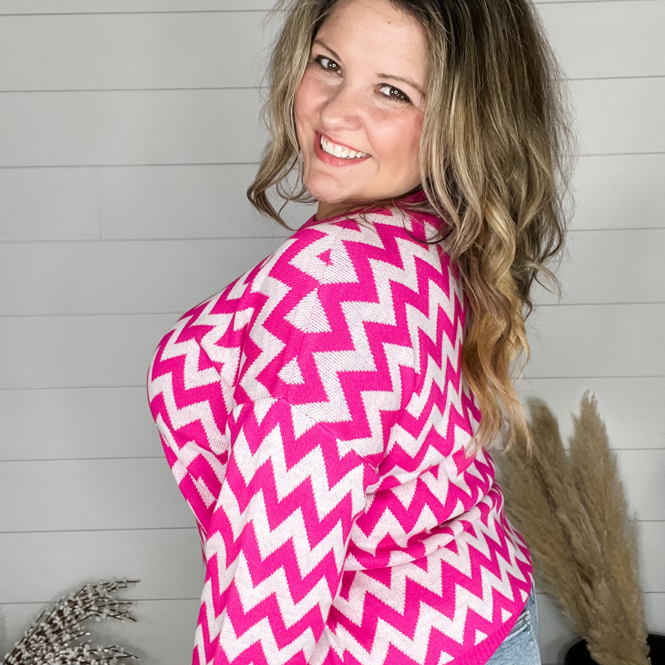 "Zig Zag" Long Sleeve Crewneck Sweater (Fuchsia)-Lola Monroe Boutique