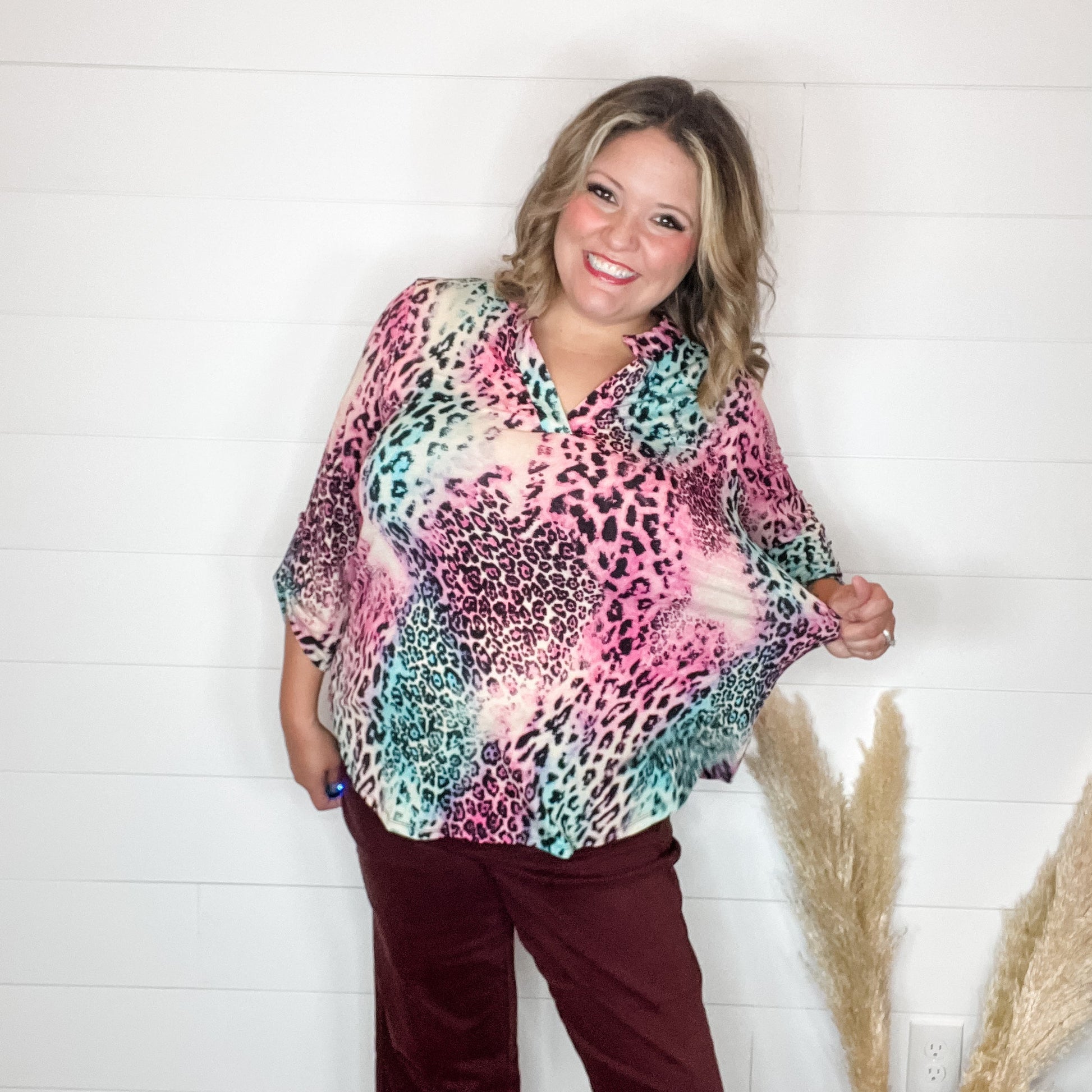 "Zoolander" Animal Print Lizzy 3/4 Sleeve Split Neck