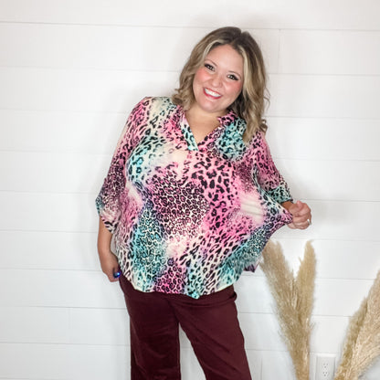 "Zoolander" Animal Print Lizzy 3/4 Sleeve Split Neck