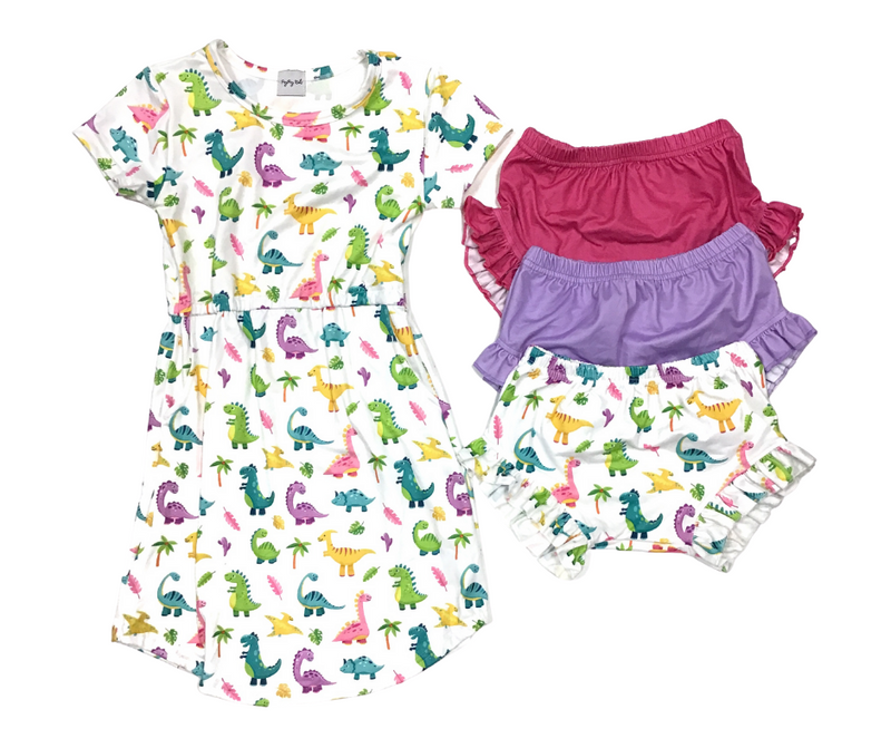 Peyton Tunic Dress with Pockets(Dinosaur Print White Background)-Lola Monroe Boutique
