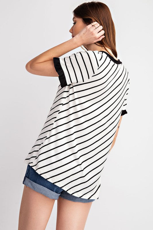 "Caught In A Line" Bias Way Ruffle Short Sleeve Top-Lola Monroe Boutique