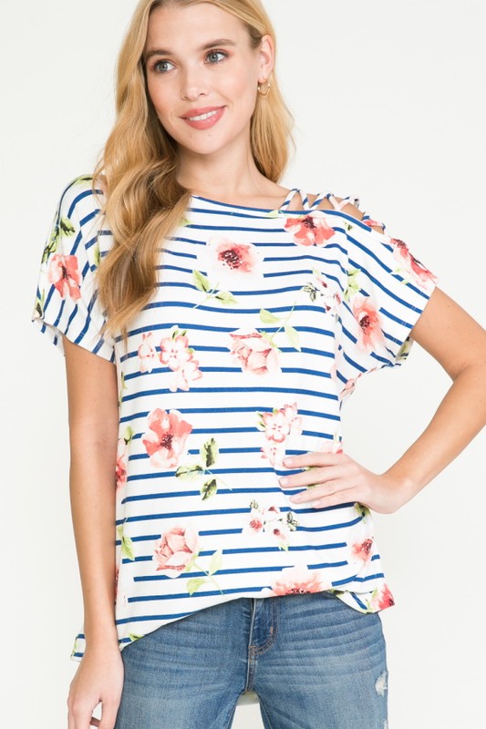 "Lazy Days" Stripes & Floral Criss Cross Shoulder Design-Lola Monroe Boutique