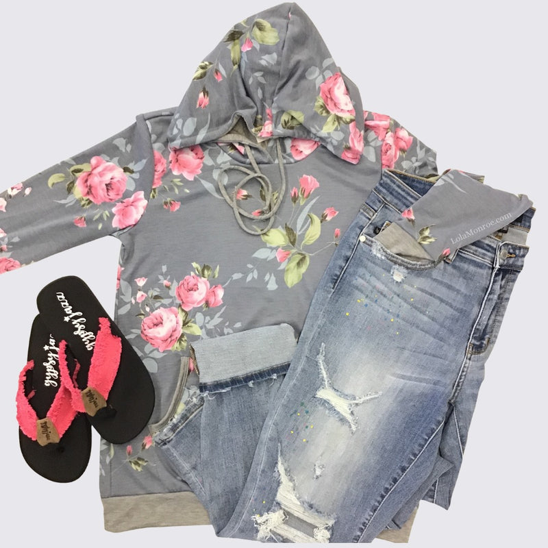 "Madeline" Floral Hoodie with Front Pocket-Lola Monroe Boutique