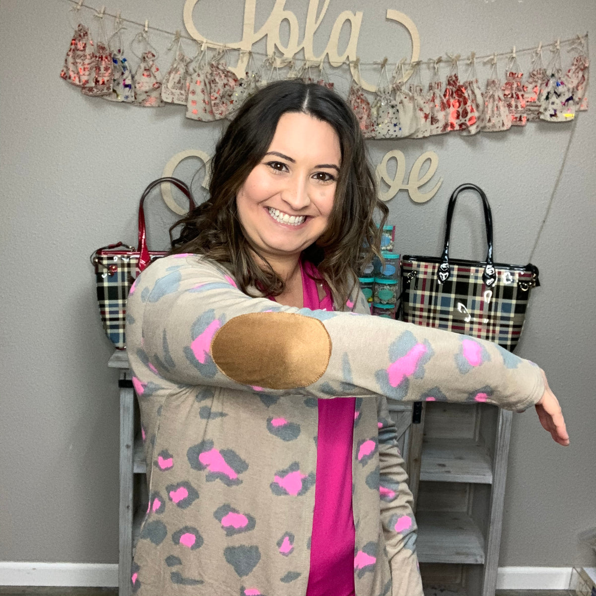 "Pink Professor" Animal Print Cardigan with Faux Suede Elbow Patches-Lola Monroe Boutique