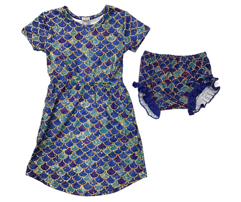 Peyton Tunic Dress with Pockets(Mermaid Scales Blue Background)-Lola Monroe Boutique
