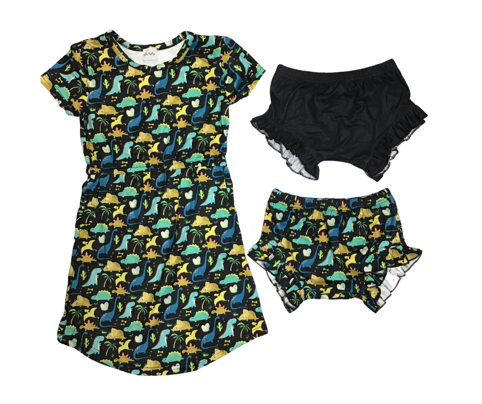 Peyton Tunic Dress with Pockets(Dinosaur Print Black Background)-Lola Monroe Boutique