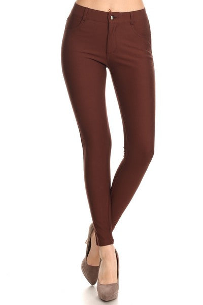 Ponte Knit Skinny Trouser with Front Button & Zipper Closure (Brown)