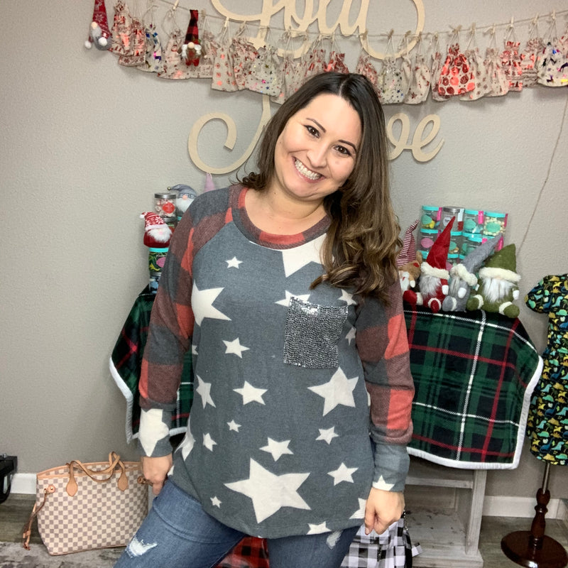 "Add a Little Sparkle" Stars and Plaid Long Sleeve-Lola Monroe Boutique