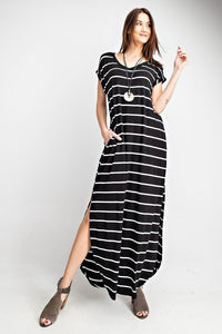 "Line It Up" Cuff Sleeved Maxi with Pockets-Lola Monroe Boutique