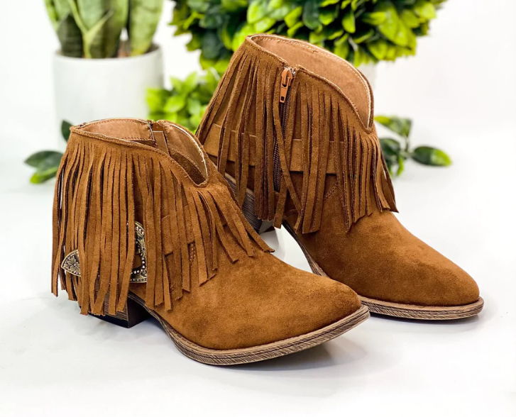 "Billie" Faux Suede Fringe and Buckle Bootie By Very G (Tan)